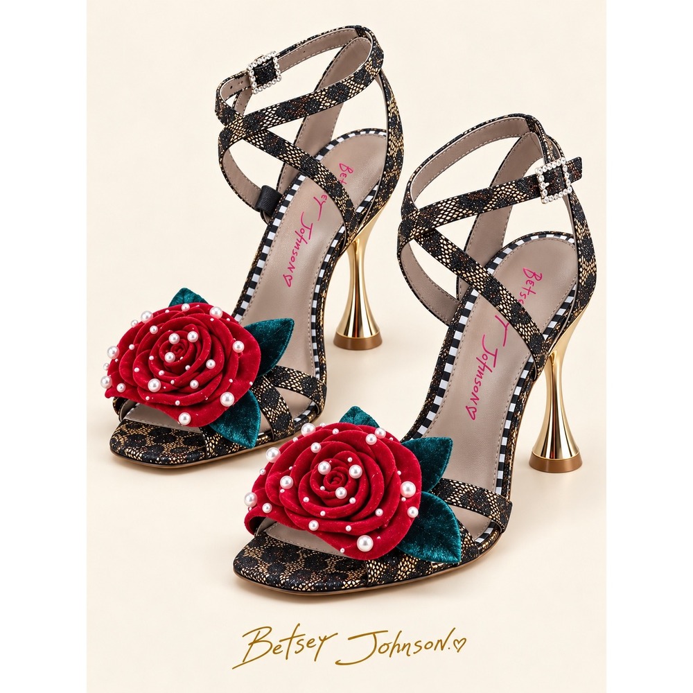 Betsey Johnson SB-LEON Leopard Print Red Rose Pearl Stiletto Sandals 8